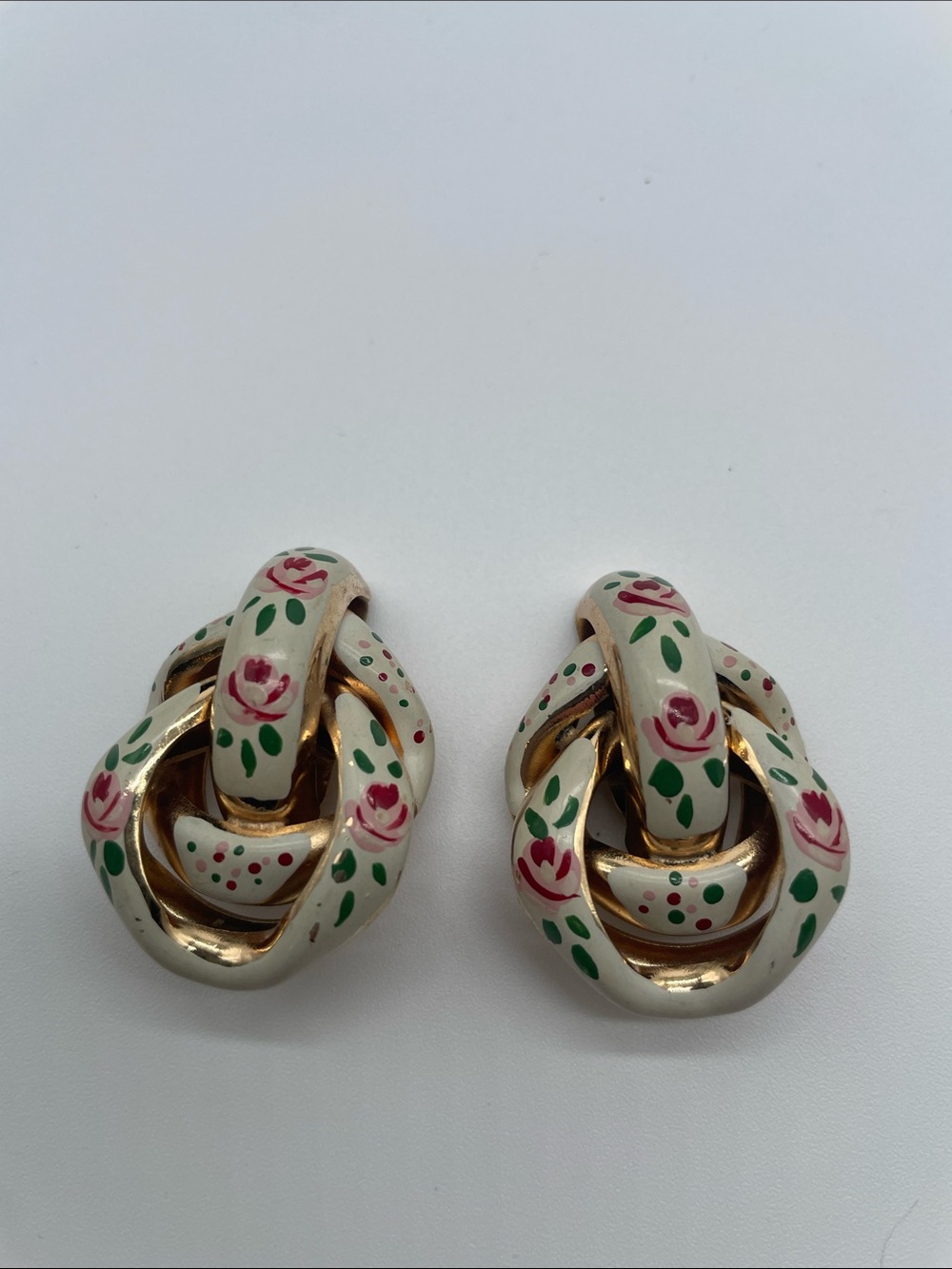 Marino Hand-Painted Floral Knot Clip-On Earrings - Cream, Pink & Green Enamel